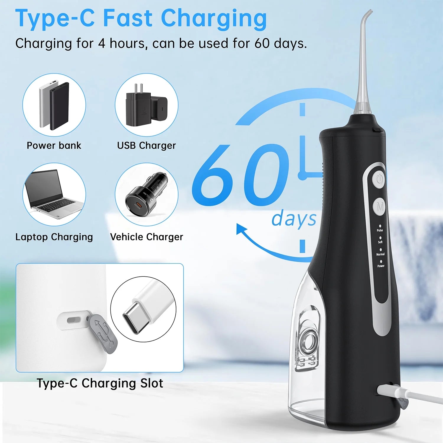 Cordless Water Flosser, Portable Dental Teeth Cleaner, 300ML Tank Rechargeable Dental Oral Irrigator for Home and Travel, 4 Modes 8 Jet Tips, IPX7 Waterproof