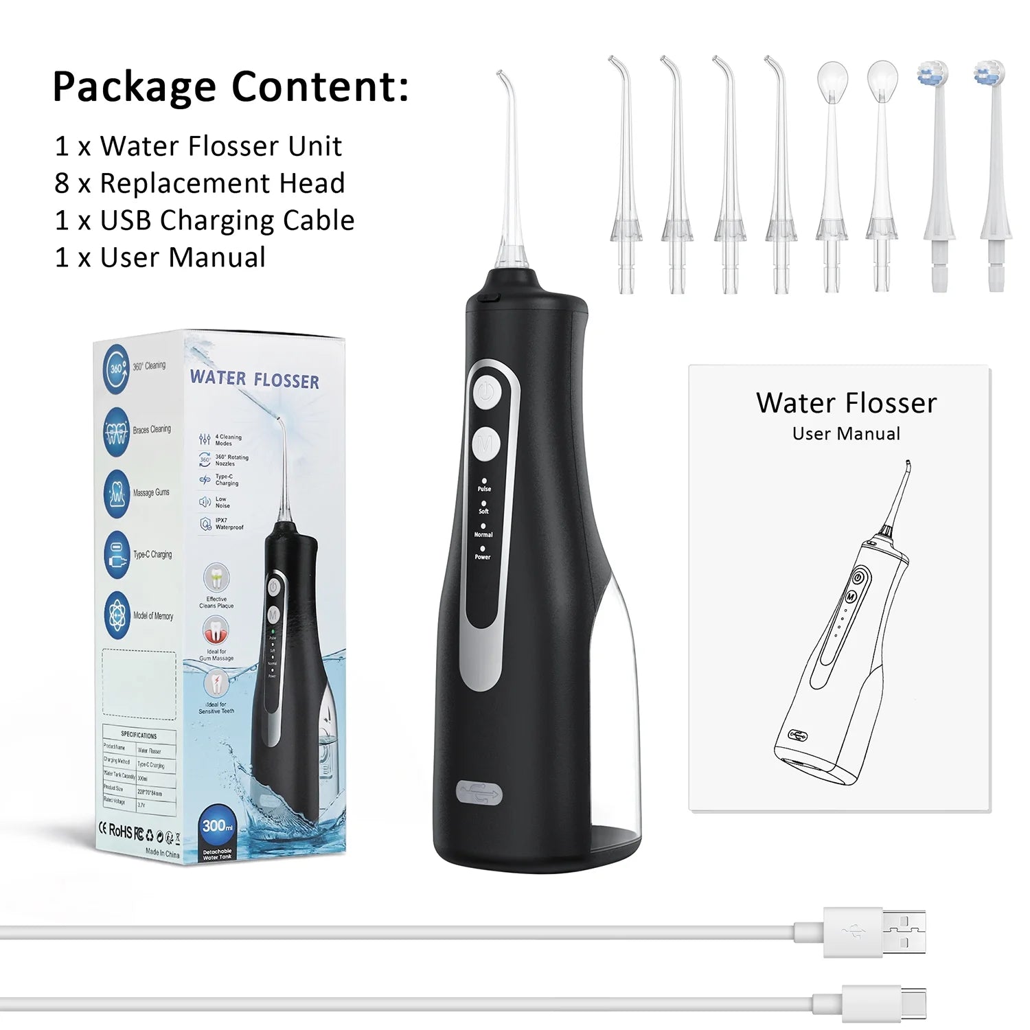 Cordless Water Flosser, Portable Dental Teeth Cleaner, 300ML Tank Rechargeable Dental Oral Irrigator for Home and Travel, 4 Modes 8 Jet Tips, IPX7 Waterproof