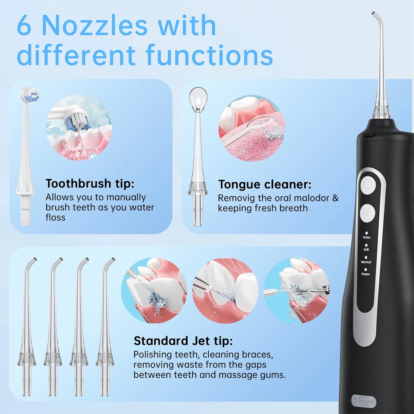 Cordless Water Flosser, Portable Dental Teeth Cleaner, 300ML Tank Rechargeable Dental Oral Irrigator for Home and Travel, 4 Modes 8 Jet Tips, IPX7 Waterproof