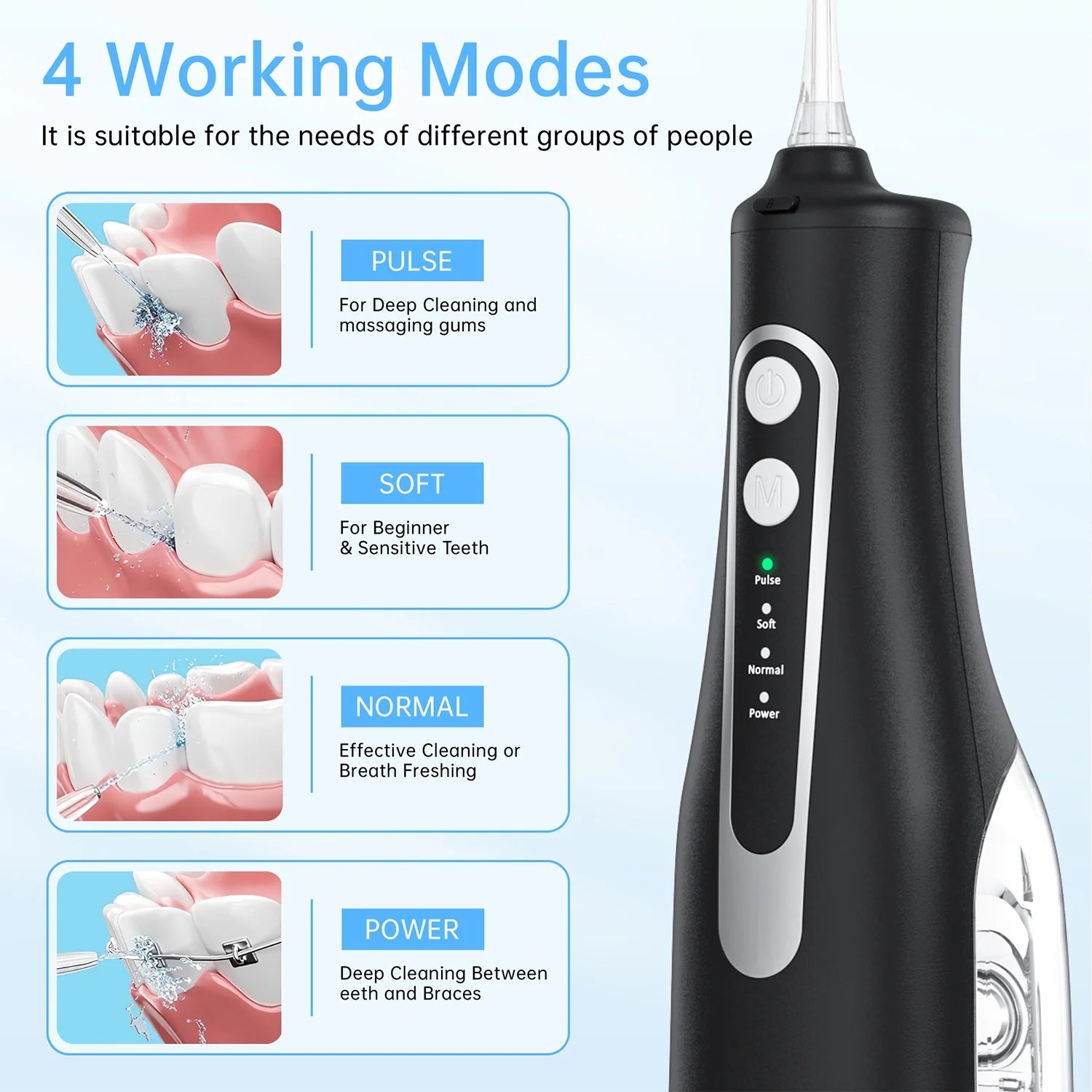 Cordless Water Flosser, Portable Dental Teeth Cleaner, 300ML Tank Rechargeable Dental Oral Irrigator for Home and Travel, 4 Modes 8 Jet Tips, IPX7 Waterproof