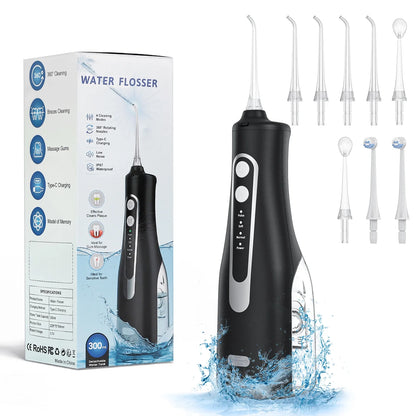 Cordless Water Flosser, Portable Dental Teeth Cleaner, 300ML Tank Rechargeable Dental Oral Irrigator for Home and Travel, 4 Modes 8 Jet Tips, IPX7 Waterproof